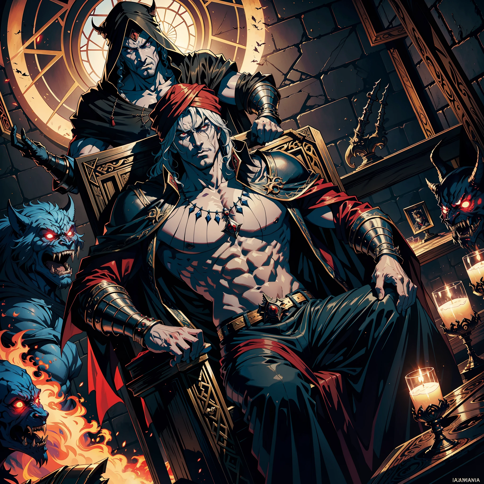 Castlevania Hyper Realistic Shadow Lord Super Detailed Dynamic Shot Master Piece of Lord Dracula Medieval Arab Warrior with Red Turban Scary Face Hokuto No Ken Structure Muscular Face Kenshiro sitting in his legendary Moroccan throne surrounded by demons and 3 scary demons Speaking of old rolls Cinematic Scenes Epic Movie Hyper Realistic Movie Legendary Movie Epic Movie Epic Movie Epic Movie Epic Movie Epic Movie Epic Movie Epic Movie Epic Movie Epic Movie Epic Movie Epic Movie Epic Movie Epic Movie Epic Movie Epic Movie Epic Enlarged 3D View Lower Angle
