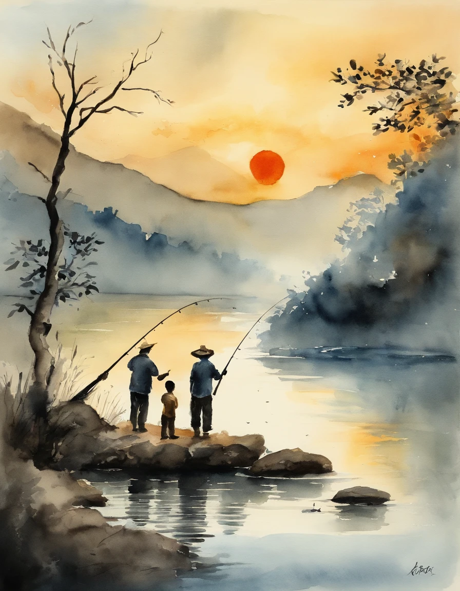 A father and son fishing, chinese ink brush
