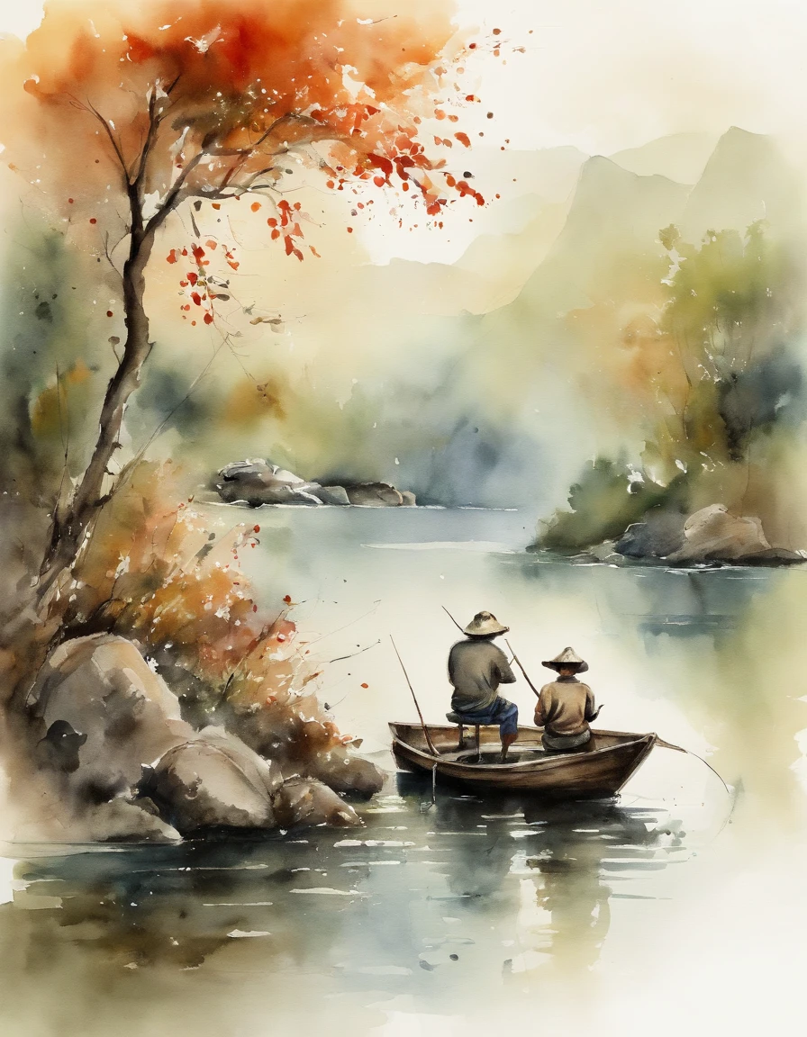 A father and son fishing, chinese ink brush
