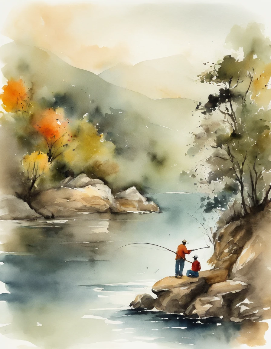 A father and son fishing, chinese ink brush