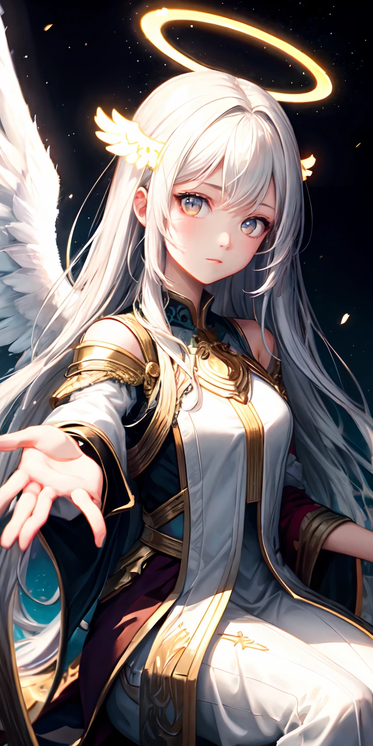 ****, illustration,heaven background, 1girl, white hair, golden eyes, long hair, halo, angel wings, serene expression, looking at viewer, holding out her hand, open hand