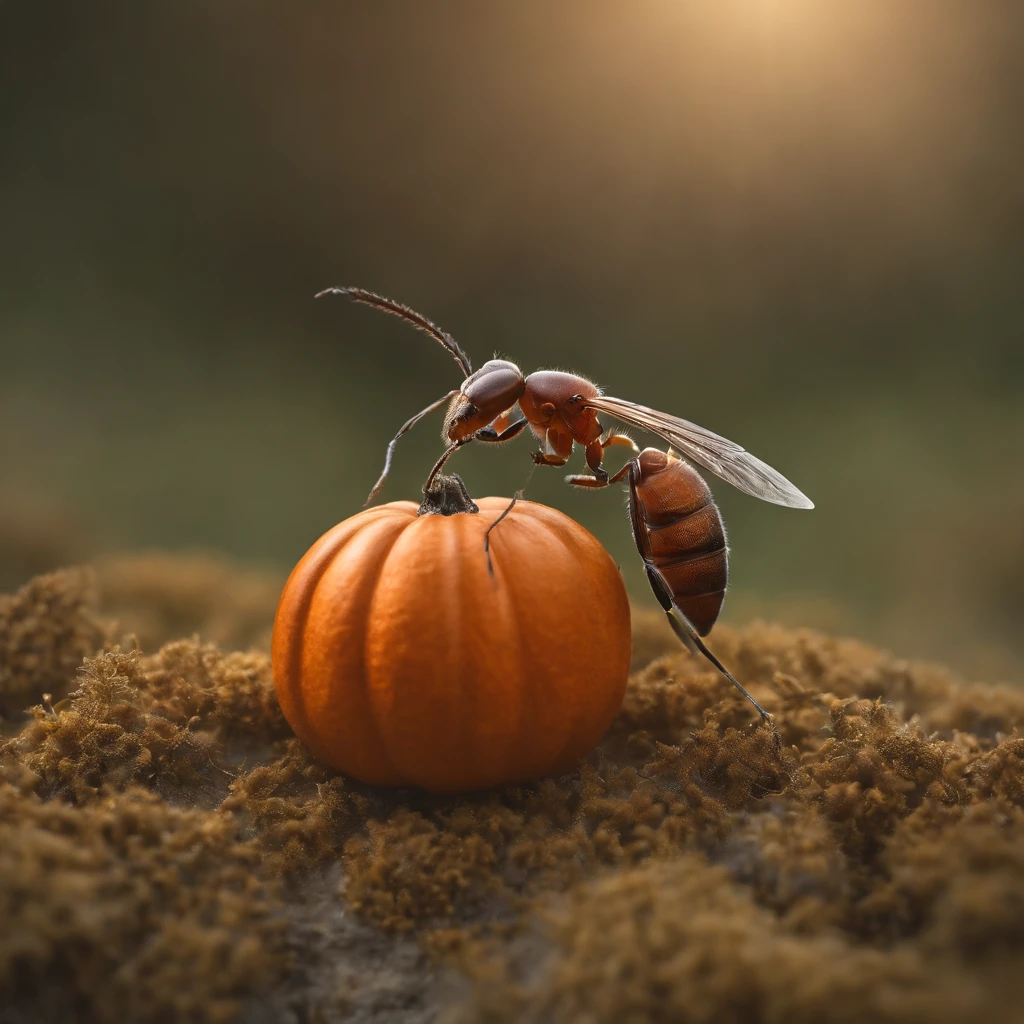 An ant lying on a Halloween pumpkin，in a panoramic view，（tmasterpiece，best qualityer：1.2），very delicate beautiful，the best lights，The best shadow，depicted as a 3 d render, stylized as a 3d render, stylized 3d render