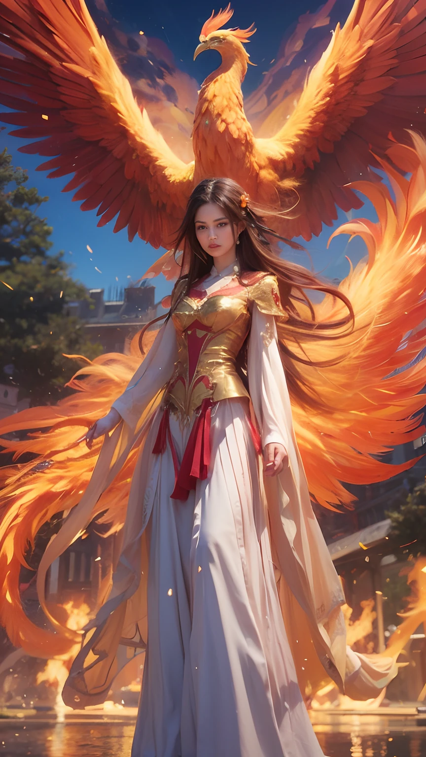 Girl with long dress standing with a phoenix on fire