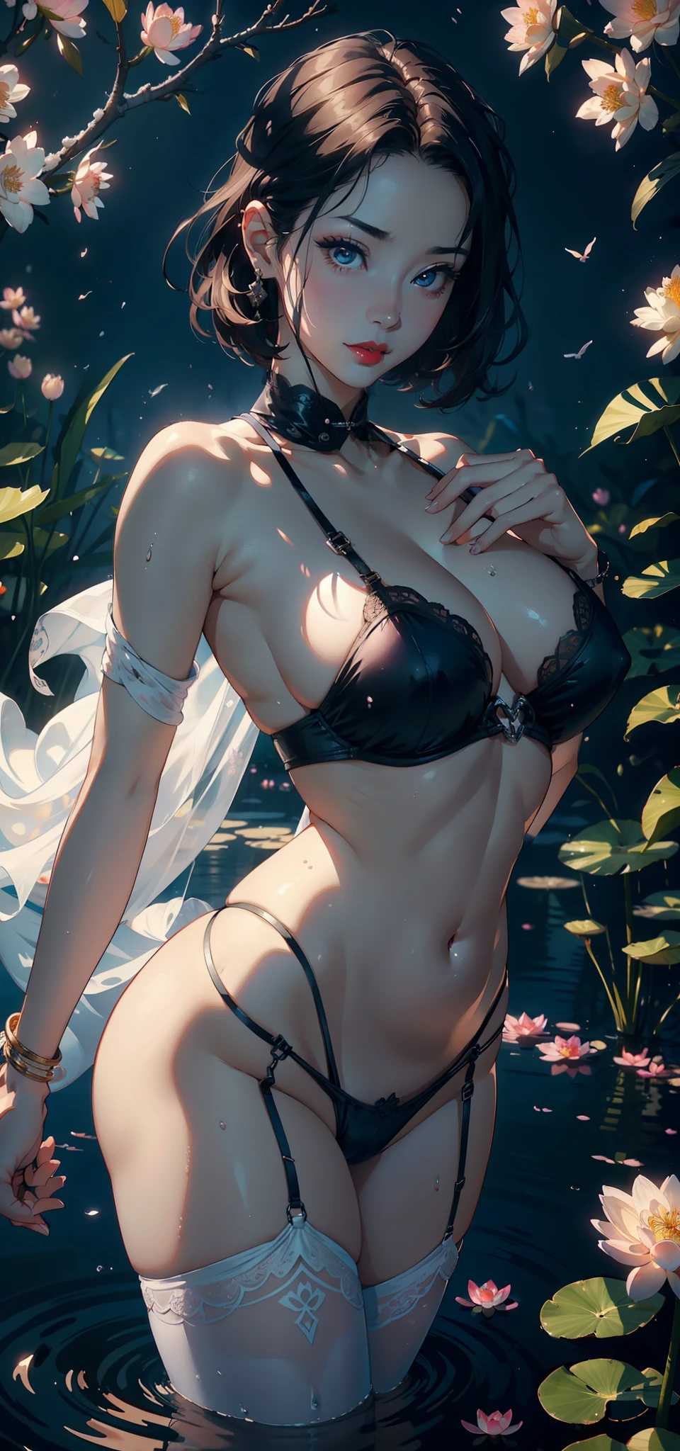 1female,45 yers old,Married Woman,熟妇,plumw,extremely large bosom, 独奏,(Background with:ponds,Cherry blossom forest,rainforests,lotus flower)Lie underwater, She has short hair,seen from the front,, mostly cloudy sky,(((tmasterpiece),(Very detailed CG unity 8K wallpaper),best qualtiy,cinmatic lighting,detailed back ground,beatiful detailed eyes,Bright pupils,Black eyes,Snow-whiteskin,Redlip(Very fine and beautiful),(Beautiful and detailed eye description),ultra - detailed,tmasterpiece,))facing at camera,A high resolution,ultra - detailed),revealing breasts,Bare genitalia, Bulge,legs are open,Raised sexy,Camel toes,Desire for dissatisfaction,frontage,(Wearing:Fireman's uniform,Bare ,white stockings)
