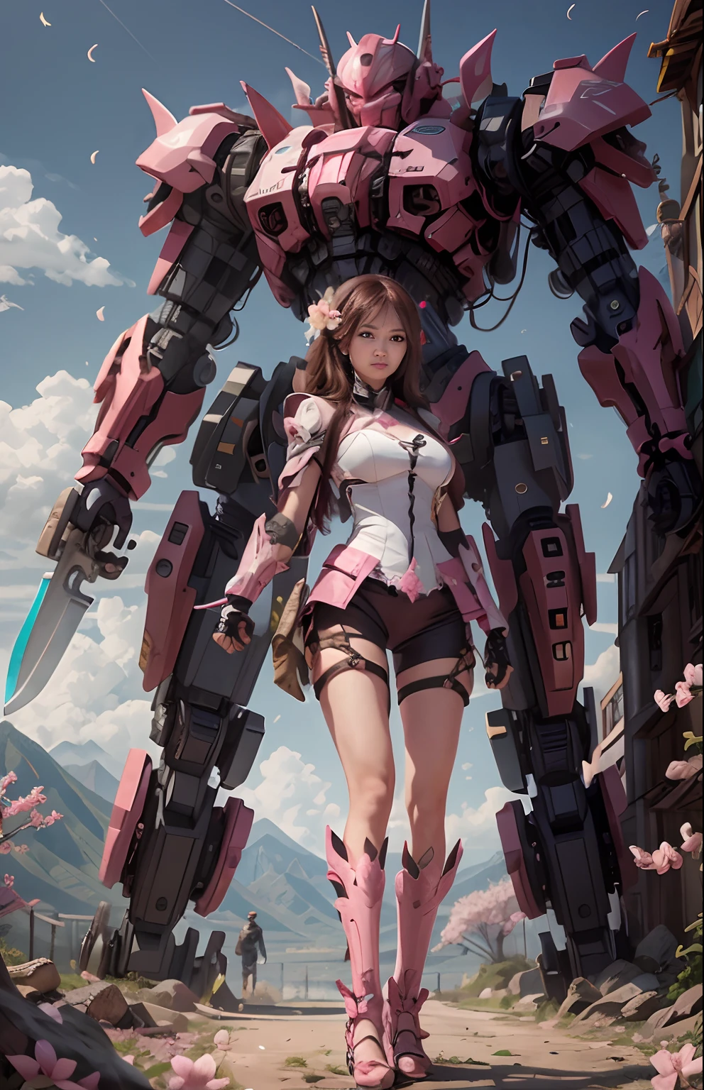 Anime girl with a huge robot-like body and pink clothes, female mecha, mecha art, girl in mecha cyber armor, cool mecha style, mecha asthetic, cgsociety and fenghua zhong, ethereal and mecha theme, alena aenami and android jones, 2. 5 D CGI anime fantasy artwork, Mecha suit