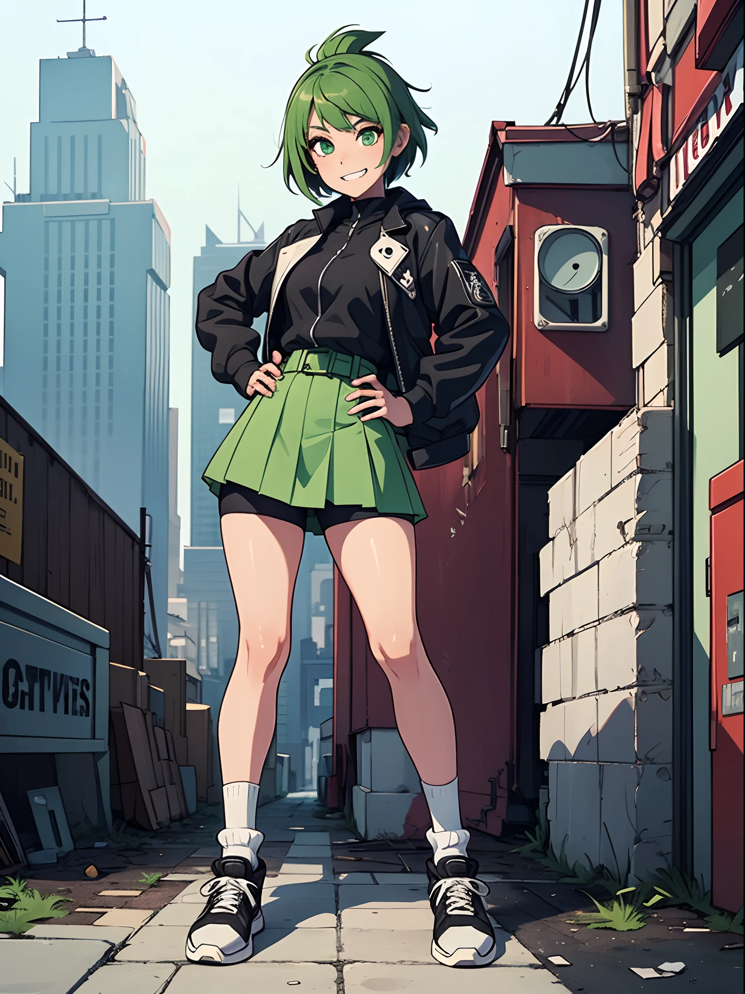 1girl, masterpiece, best quality, perfect anatomy, full body shot, cowboy shot, short hair, green hair, Mohawk, green eyes, beautiful detailed eyes, evil grin, frilly dresses, pleaded skirt, miniskirt, biker shorts, matching socks, matching sneakers, hand on hip, looking at viewer, ruined city, solo, star belt, danger atmosphere