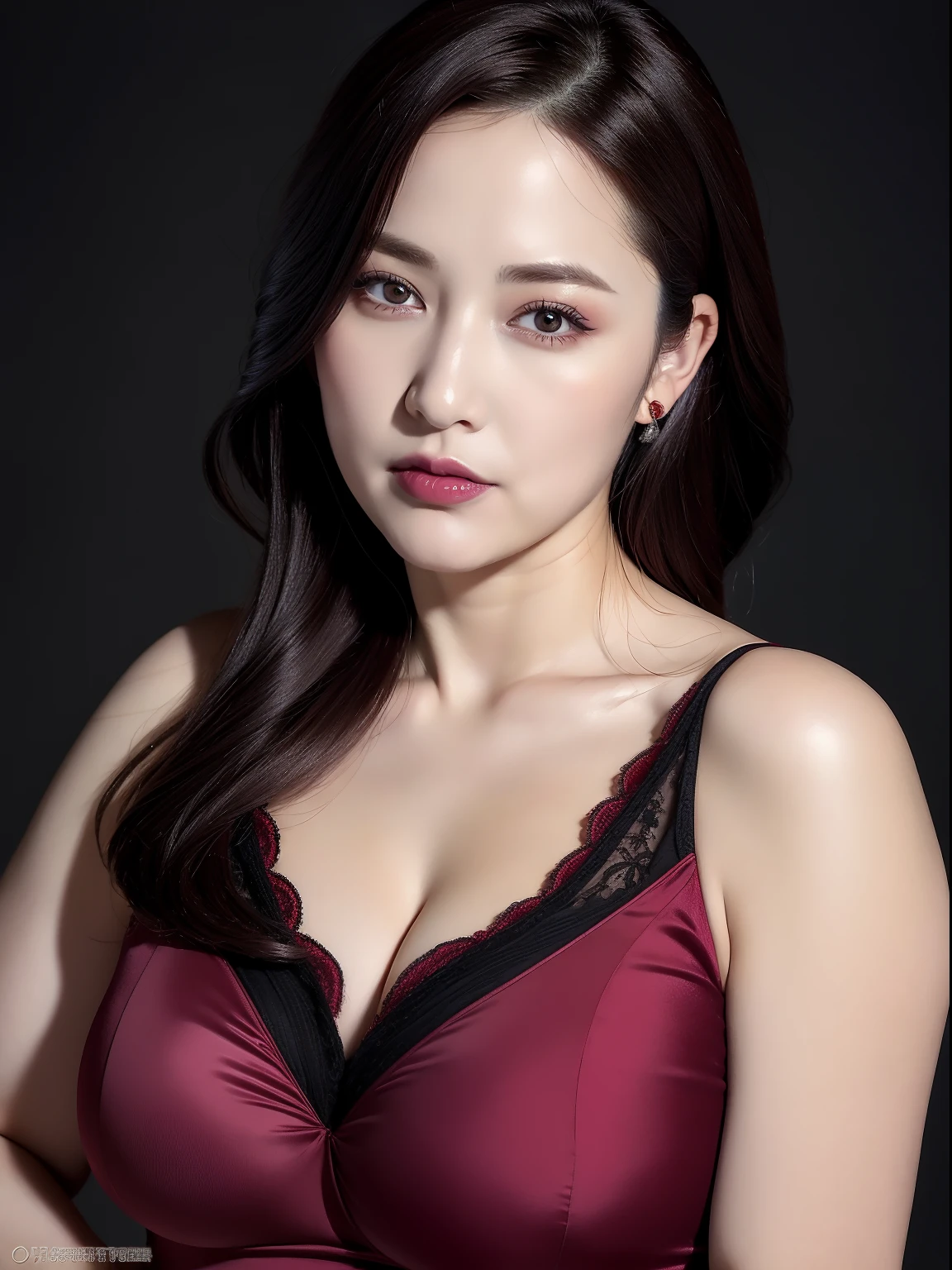 Masterpiece,Best quality, (A), ((Portrait:1.5)), ((Gaze:-1)), Makeup,,The dark red lips are tempting,39 years old, Mature and feminine young woman, Elegant black shirt, Oops, Your own, ((Seductive expressions)),38H large,Attractive cleavage,Figure-eight milk,Expose the entire breast,Pink ,Enlarged and sagging breasts,