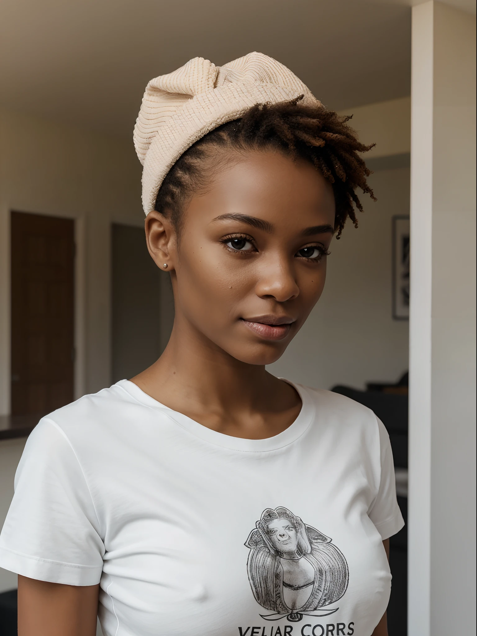 corps entier , beau visage, Cheveux longs et lisse, Casquette,Warm light and clear complexion, afro-american, Detailed, ultra quality, poitrine claire, mignonne, mini collant, t-shirt blanc debout au salon,vu de dos