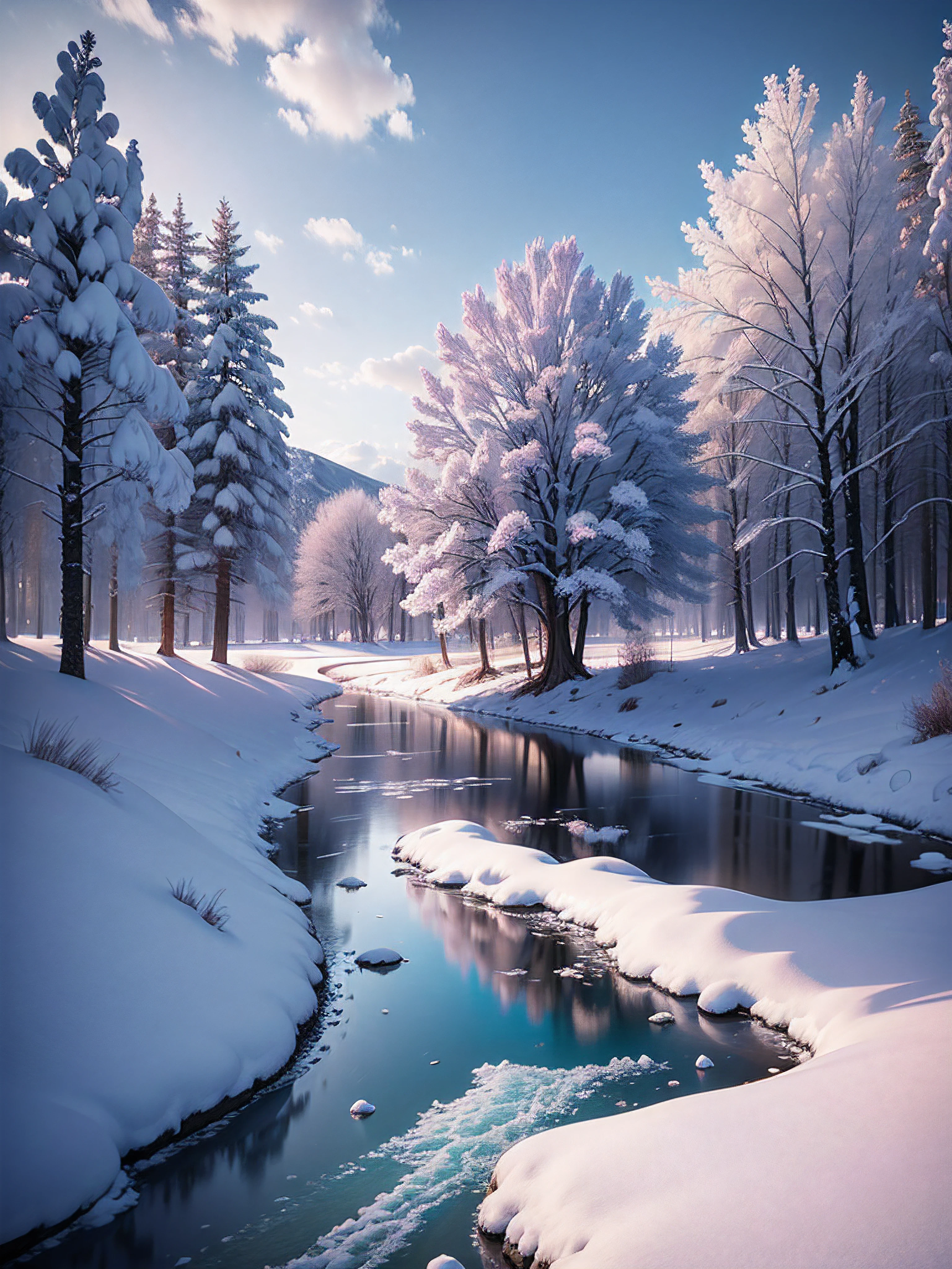 winter violett tree river clouds snow ice, ultra hd, realistic, vivid colors, highly detailed, UHD drawing, pen and ink, perfect composition, beautiful detailed intricate insanely detailed octane render trending on artstation, 8k artistic photography, photorealistic concept art, soft natural volumetric cinematic perfect light