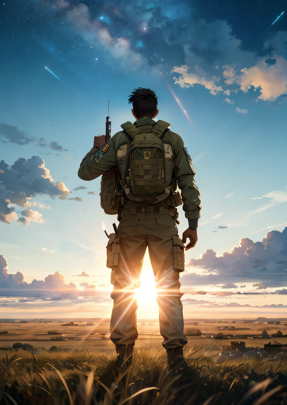 The vast sky, beautiful skyline, large grasslands, extremely tense and dramatic pictures, moving visual effects, the high-hanging Polaris, and colorful natural light, and a Soldier with a backpack.