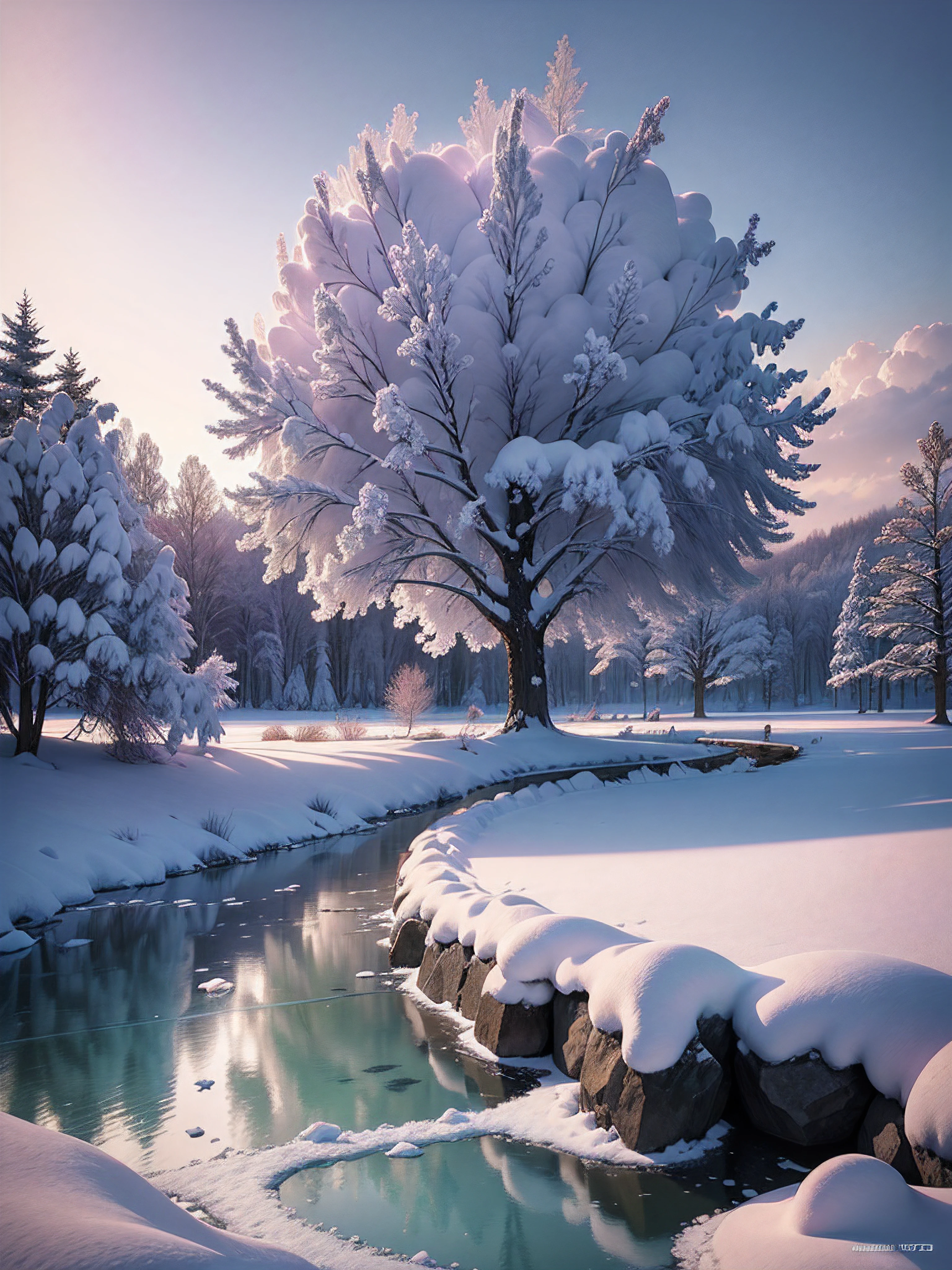 winter violett tree river clouds snow ice, ultra hd, realistic, vivid colors, highly detailed, UHD drawing, pen and ink, perfect composition, beautiful detailed intricate insanely detailed octane render trending on artstation, 8k artistic photography, photorealistic concept art, soft natural volumetric cinematic perfect light