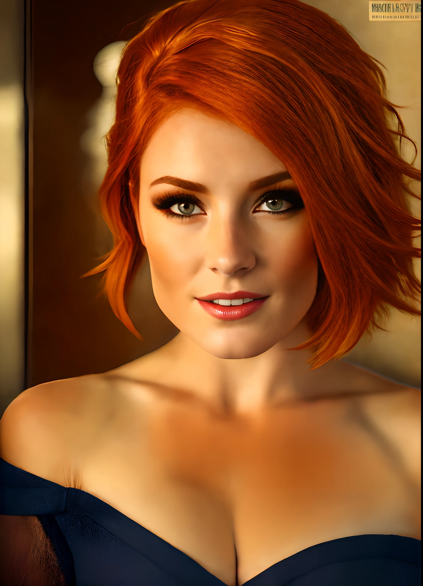 best quality, ultra res, photorealistic, intricate details, solo portrait,1girl as jess nigri, ginger hair, perfect face, face detail, medium short hair