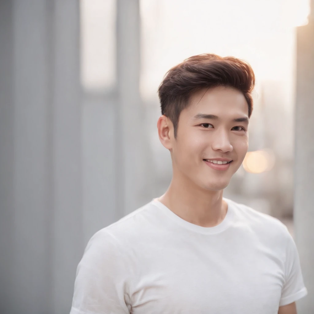 (photo: 1.3) af (realistic: 1.3), East Asian man, soft light, clear face, ((white T-shirt)), cheerful, warm light, ((gray-white gradient background)), smile, (background)). ((gray wall background)) avatar, (short hair), handsome, young,, short hair, ((close-up))