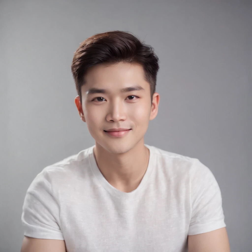 (photo: 1.3) af (realistic: 1.3), East Asian man, soft light, clear face, ((white T-shirt)), cheerful, warm light, ((gray-white gradient background)), smile, (background)). ((gray wall background)) avatar, (short hair), handsome, young,, short hair, ((close-up))