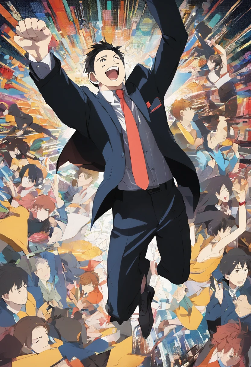 **Image prompt:**
* **Subject:** A stylish man with a big smile, shouting "Yeah!"
* **Details:**
* The man is wearing a well-tailored suit and tie.
* He is standing with his arms raised in the air, his fist clenched in triumph.
* His face is lit up with joy, and he is clearly excited about something.
**Additional instructions:**
* The image should be high-resolution and well-lit.
* The man should be the main focus of the image.
* The image should create a sense of excitement and triumph.