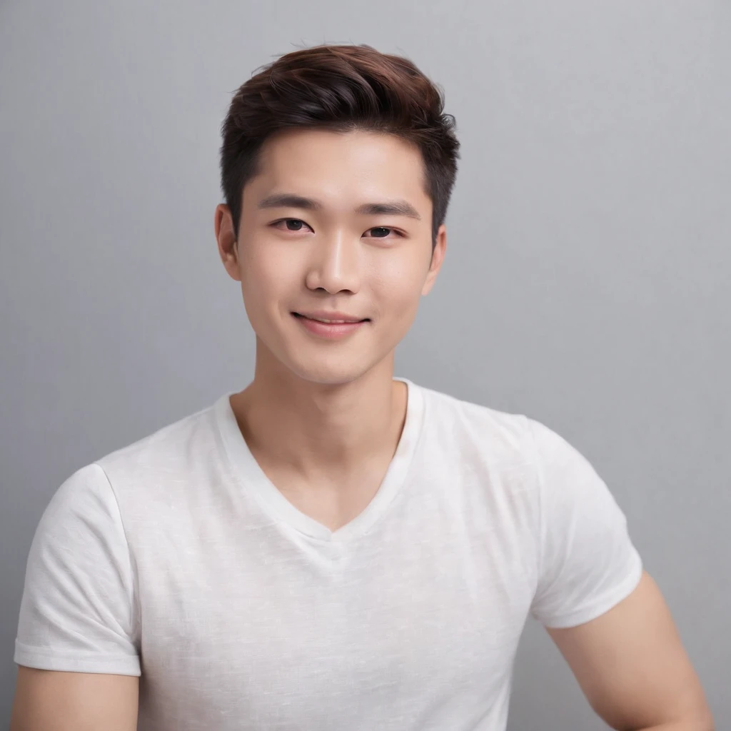 (photo: 1.3) af (realistic: 1.3), East Asian man, soft light, clear face, ((white T-shirt)), cheerful, warm light, ((gray-white gradient background)), smile, (background)). ((gray wall background)) avatar, (short hair), handsome, young,, short hair, ((close-up))
