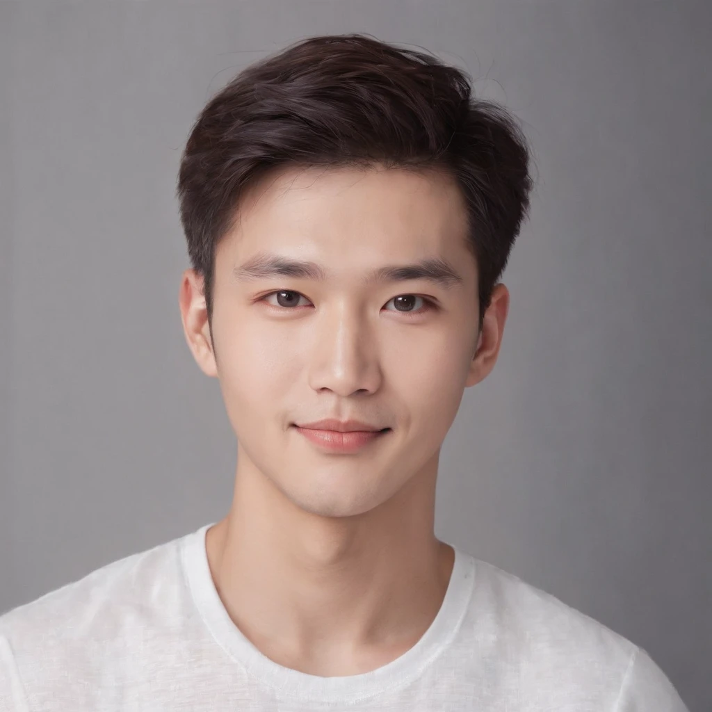 (photo: 1.3) af (realistic: 1.3), East Asian man, soft light, clear face, ((white T-shirt)), cheerful, warm light, ((gray-white gradient background)), smile, (background)). ((gray wall background)) avatar, (short hair), handsome, young,, short hair, ((close-up))