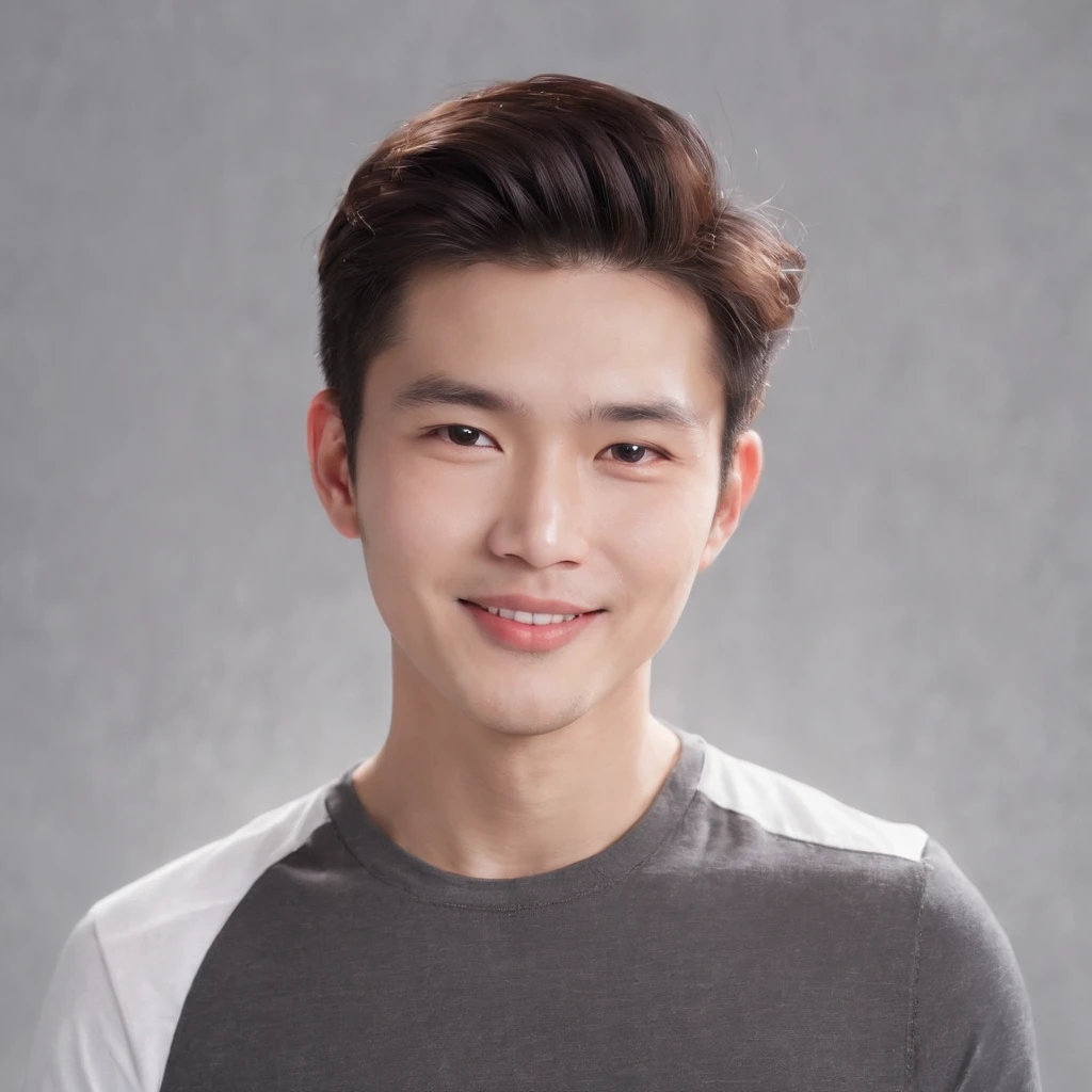 (photo: 1.3) af (realistic: 1.3), East Asian man, soft light, clear face, ((white T-shirt)), cheerful, warm light, ((gray-white gradient background)), smile, (background)). ((gray wall background)) avatar, (short hair), handsome, young,, short hair, ((close-up))