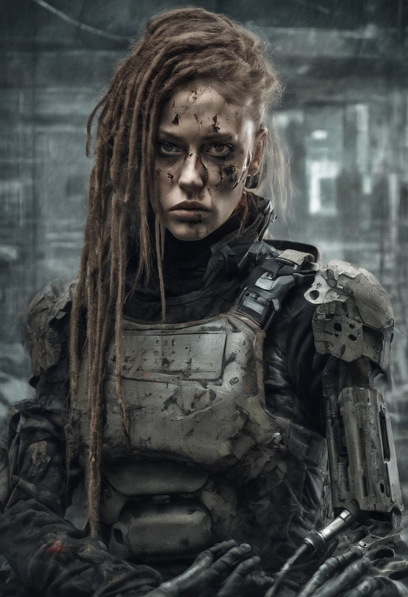Beautiful hyperrealistic photograph of cute Young Swedish woman with Runic tattoos, ((dirty face Blood splattered)), (((wearing full heavy mecha armor, combat harness, Neon highlights))) Short Red Dreadlocks, (((sitting in chair pose))), interior of Military Facility background, Camo netting, Ammo Boxes abstract beauty, near perfection, pure form, Golden Ratio, concept art, By Brian Froud and Carne Griffiths and Wadim Kashin, intricate detail, 8k post-production, High resolution, super Detail, trending on ArtStation, sharp focus, studio photos, intricate detail, Very detailed, By Greg Rutkowski