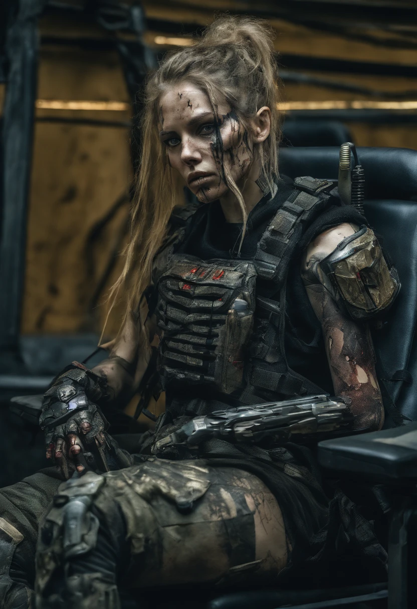 Beautiful hyperrealistic photograph of cute Young Swedish woman with Runic tattoos, ((dirty face Blood splattered)), (((wearing full heavy mecha armor, combat harness, Neon highlights))) Short Red Dreadlocks, (((sitting in chair pose))), interior of Military Facility background, Camo netting, Ammo Boxes abstract beauty, near perfection, pure form, Golden Ratio, concept art, By Brian Froud and Carne Griffiths and Wadim Kashin, intricate detail, 8k post-production, High resolution, super Detail, trending on ArtStation, sharp focus, studio photos, intricate detail, Very detailed, By Greg Rutkowski