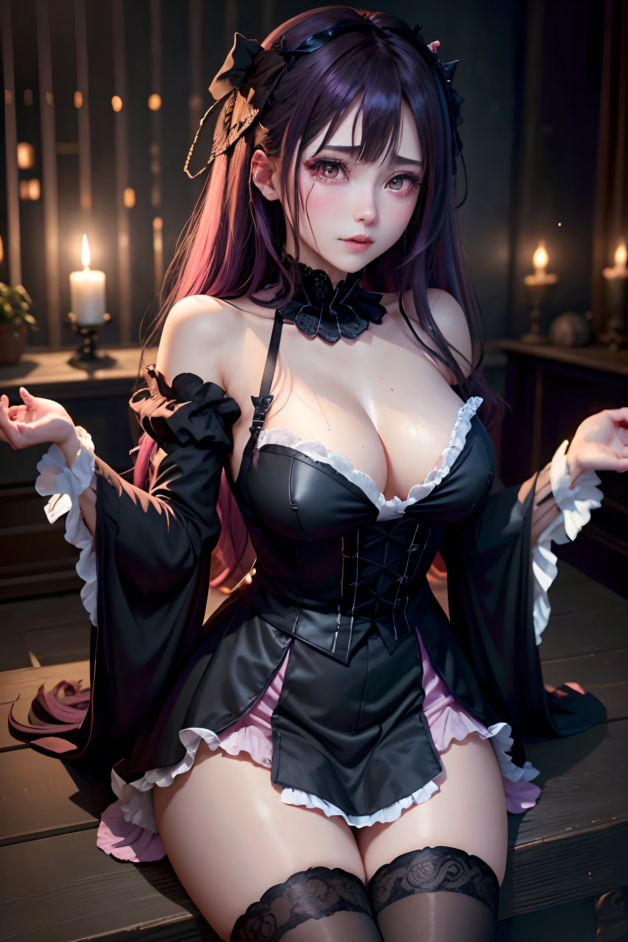 A sexy、A slight smil、garterbelts、knee high socks、panthyhose、Beautifying the world、Unhappy、Lament my night's fantasy、Transcendent beauty、Beautiful shape、wretched、ghosts、wraiths、Evil Spirit、Beautiful、boredom、Unusual beauty、Bewitching、Fornication、Hard Dark Gothic Makeup、Maniacal、Deep night sky、horor、twin-tail hair、Black Dark Eyeshadow、slaves、crying how bright、mourn、Sad songs、Good skin luster、Lace pink、Long hair straight hair、Dark Gothic Makeup、Dark smile、Restless Palace、Expressions of sexual arousal、Fragrant beauty、18year old、carriage、Lying、seductiv、 Strong sexual pleasure facial expressions、A look of shame、open the legs widely、Dark Gothic、Gothic ta、Dark purple hair、masturbation、bell sleeves、Wizard Sleeve、Obscene look、Stained glass background、masutepiece、Best Quality、Ultra-detailed、Refers to 5 books、Sweat glitters on my chest、Glitter of sweat on your face、Glitter of sweat on your thighs、Expression of sexual pleasure in anguish、Sweating profusely、Quite an inebriated face、maid clothes、Gothic Long Dress、Black ruffled skirt、Apply blush on cheeks、Pink atmosphere、Pink hair、