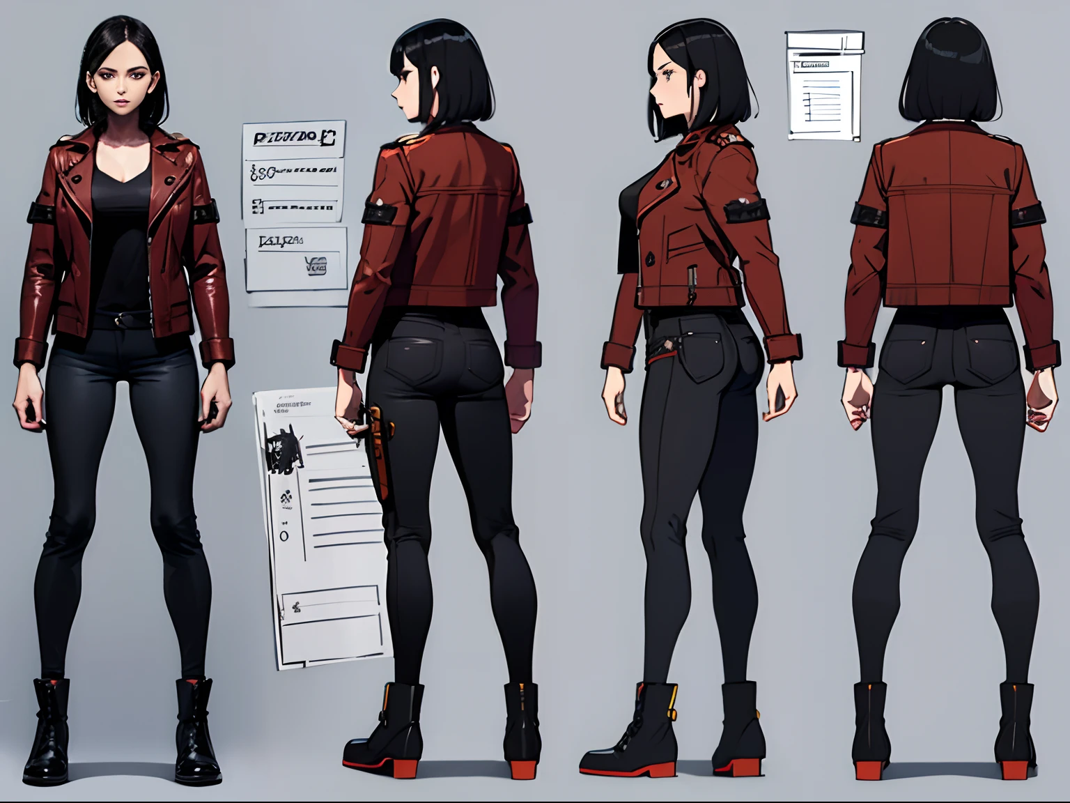 (A beautiful 25 years old British Female Vampire Mercenary with Shoulder-level Bob Black Hair), (Wearing Red Leather Jacket and Black Tight Pants), (has Two Handguns as Her Weapon), full body shot, (Character Concept Art), (Grey Background:1.4), (Character Sheet:1.6), Character Sketch, Stylized Digital Arts, Bits of Color, Masterpiece, Hand Drawn Sketch, (Realistic Drawing:1.4), High Detail, (Mix of Bold Dark Lines and Loose Lines), Bold Lines, Writings, Arcane Symbols, Runes, Gritty, Dark Theme, Intricate Artwork, 8k