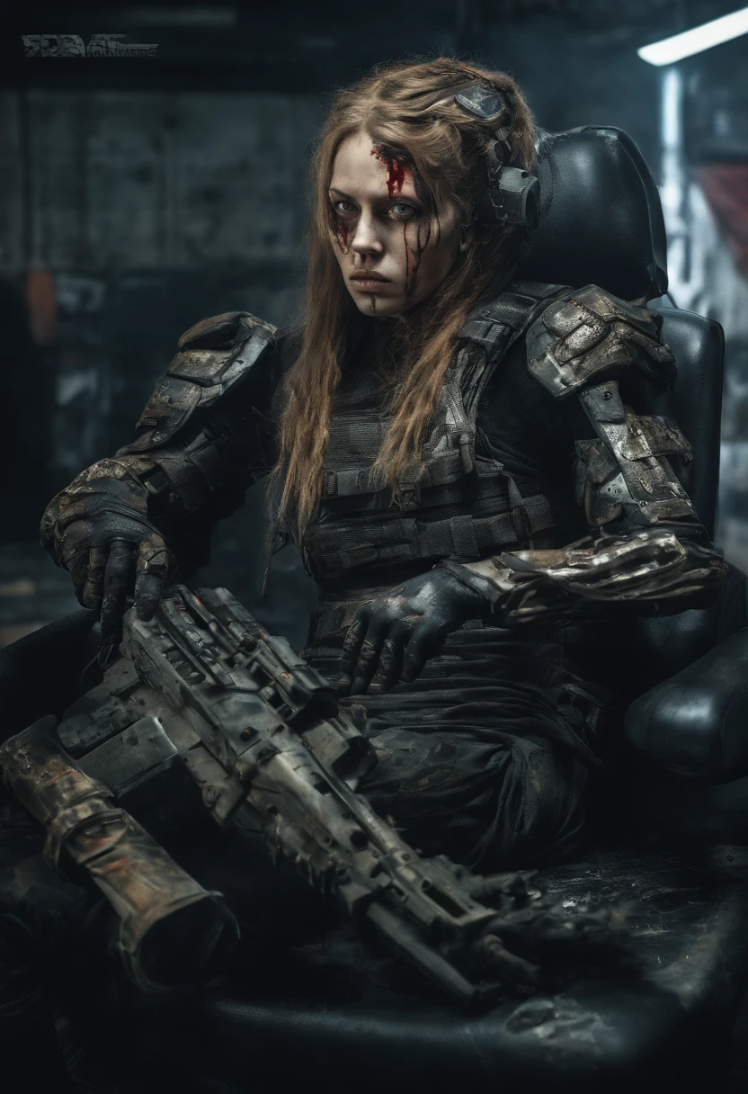 Beautiful hyperrealistic photograph of cute Young Swedish woman with Runic tattoos, ((dirty face Blood splattered)), (((wearing full heavy mecha armor, combat harness, Neon highlights))) Short Red Dreadlocks, (((sitting in chair pose))), interior of Military Facility background, Camo netting, Ammo Boxes abstract beauty, near perfection, pure form, Golden Ratio, concept art, By Brian Froud and Carne Griffiths and Wadim Kashin, intricate detail, 8k post-production, High resolution, super Detail, trending on ArtStation, sharp focus, studio photos, intricate detail, Very detailed, By Greg Rutkowski