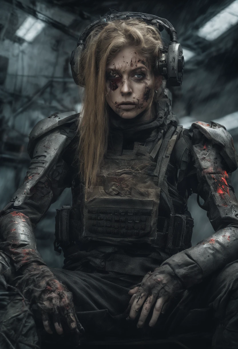 Beautiful hyperrealistic photograph of cute Young Swedish woman with Runic tattoos, ((dirty face Blood splattered)), (((wearing full heavy mecha armor, combat harness, Neon highlights))) Short Red Dreadlocks, (((sitting in chair pose))), interior of Military Facility background, Camo netting, Ammo Boxes abstract beauty, near perfection, pure form, Golden Ratio, concept art, By Brian Froud and Carne Griffiths and Wadim Kashin, intricate detail, 8k post-production, High resolution, super Detail, trending on ArtStation, sharp focus, studio photos, intricate detail, Very detailed, By Greg Rutkowski