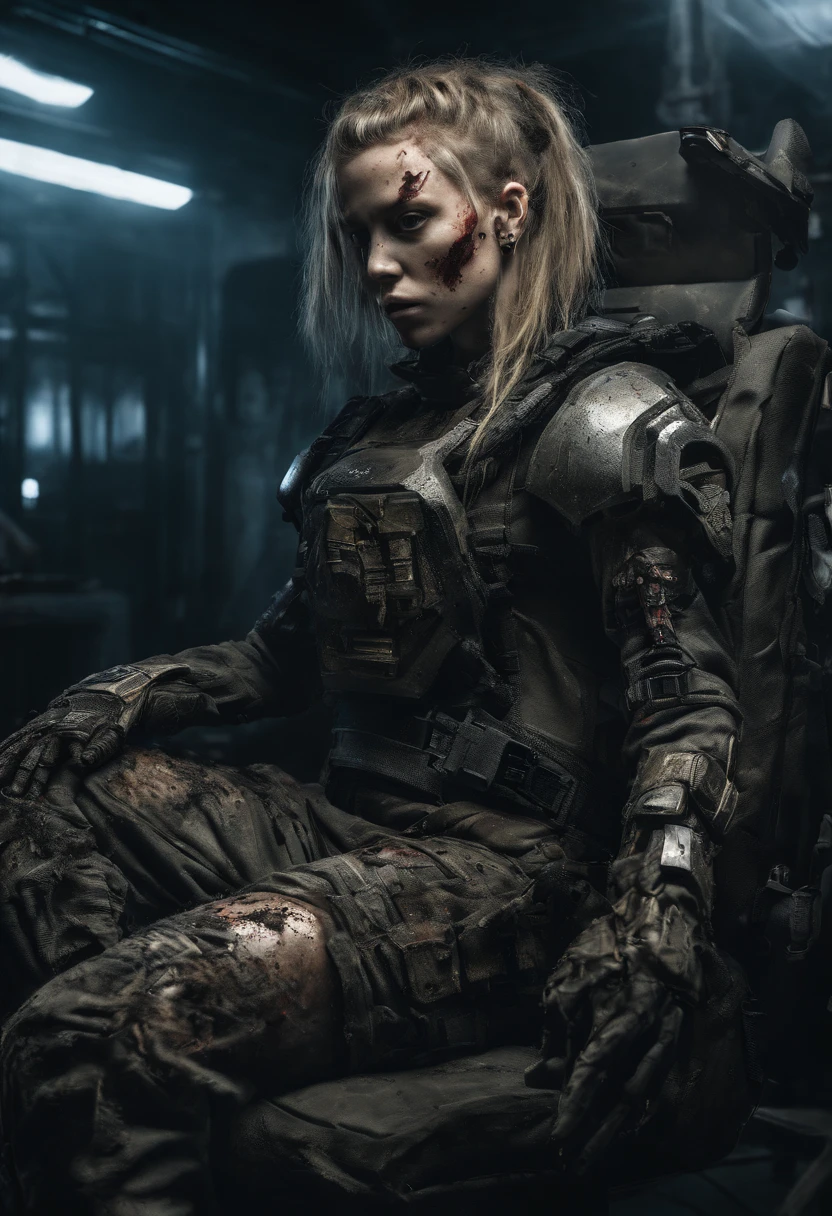 Beautiful hyperrealistic photograph of cute Young Swedish woman with Runic tattoos, ((dirty face Blood splattered)), (((wearing full heavy mecha armor, combat harness, Neon highlights))) Short Red Dreadlocks, (((sitting in chair pose))), interior of Military Facility background, Camo netting, Ammo Boxes abstract beauty, near perfection, pure form, Golden Ratio, concept art, By Brian Froud and Carne Griffiths and Wadim Kashin, intricate detail, 8k post-production, High resolution, super Detail, trending on ArtStation, sharp focus, studio photos, intricate detail, Very detailed, By Greg Rutkowski
