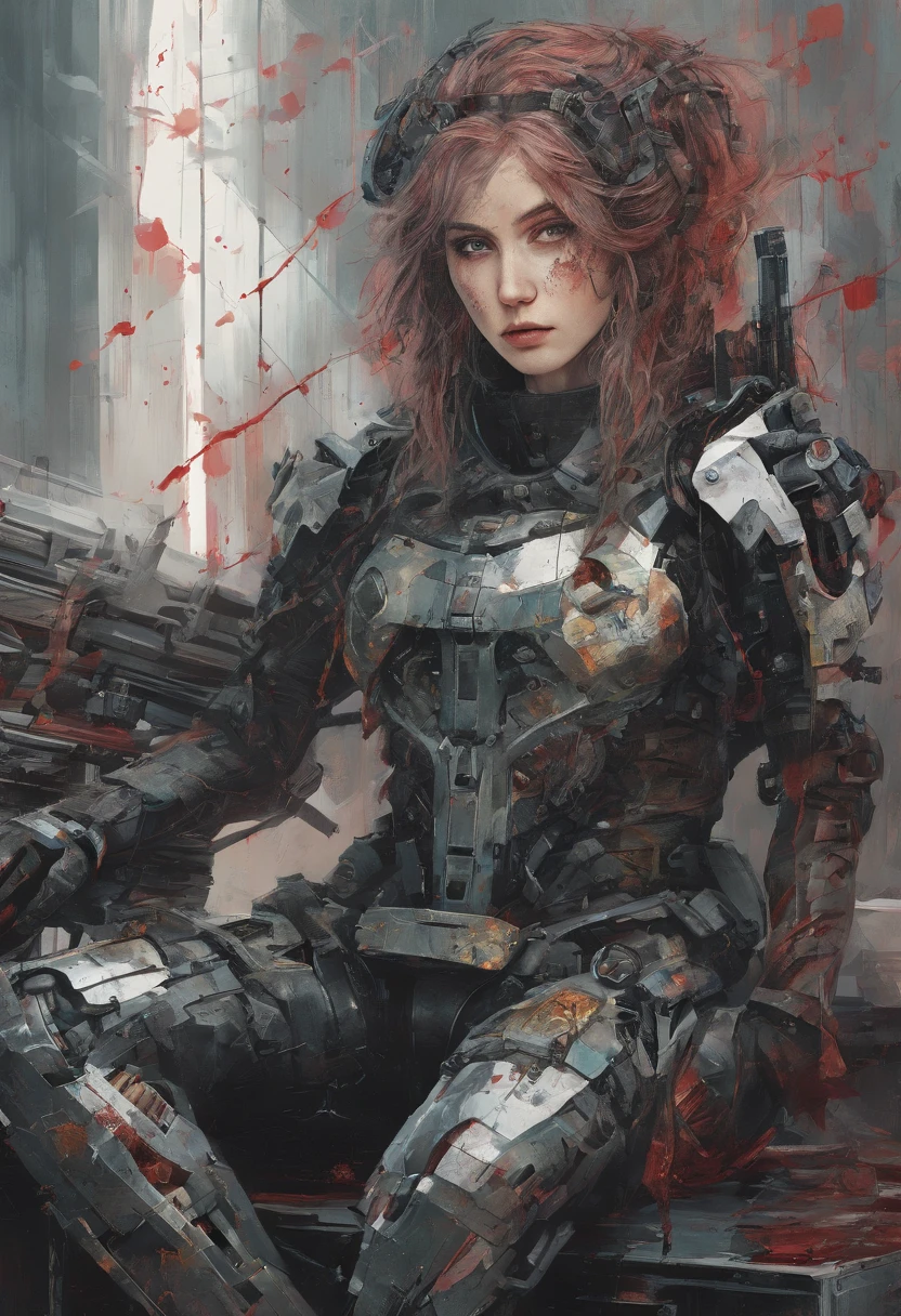 Beautiful hyperrealistic photograph of cute Young Swedish woman with Runic tattoos, ((dirty face Blood splattered)), (((wearing full heavy mecha armor, combat harness, Neon highlights))) Short Red Dreadlocks, (((sitting in chair pose))), interior of Military Facility background, Camo netting, Ammo Boxes abstract beauty, near perfection, pure form, Golden Ratio, concept art, By Brian Froud and Carne Griffiths and Wadim Kashin, intricate detail, 8k post-production, High resolution, super Detail, trending on ArtStation, sharp focus, studio photos, intricate detail, Very detailed, By Greg Rutkowski