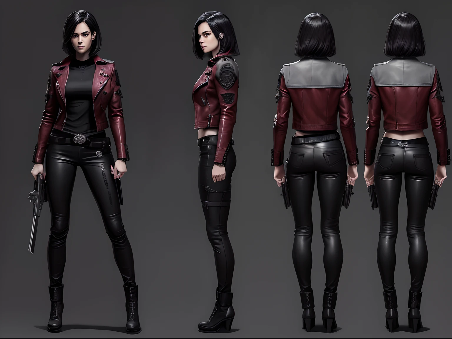 (A beautiful 25 years old British Female Vampire Mercenary with Shoulder-level Bob Black Hair), (Wearing Red Leather Jacket and Black Tight Pants), (has Two Handguns as Her Weapon), full body shot, (Character Concept Art), (Grey Background:1.4), (Character Sheet:1.6), Character Sketch, Stylized Digital Arts, Bits of Color, Masterpiece, Hand Drawn Sketch, (Realistic Drawing:1.4), High Detail, (Mix of Bold Dark Lines and Loose Lines), Bold Lines, Writings, Arcane Symbols, Runes, Gritty, Dark Theme, Intricate Artwork, 8k