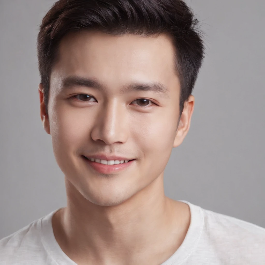 (photo: 1.3) af (realistic: 1.3), East Asian man, soft light, clear face, ((white T-shirt)), cheerful, warm light, ((gray-white gradient background)), smile, (background)). ((gray wall background)) avatar, (short hair), handsome, young,, short hair, ((close-up))
