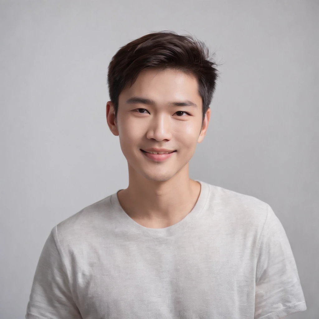 (photo: 1.3) af (realistic: 1.3), East Asian man, soft light, clear face, ((white T-shirt)), cheerful, warm light, ((gray-white gradient background)), smile, (background)). ((gray wall background)) avatar, (short hair), handsome, young,, short hair, ((close-up))