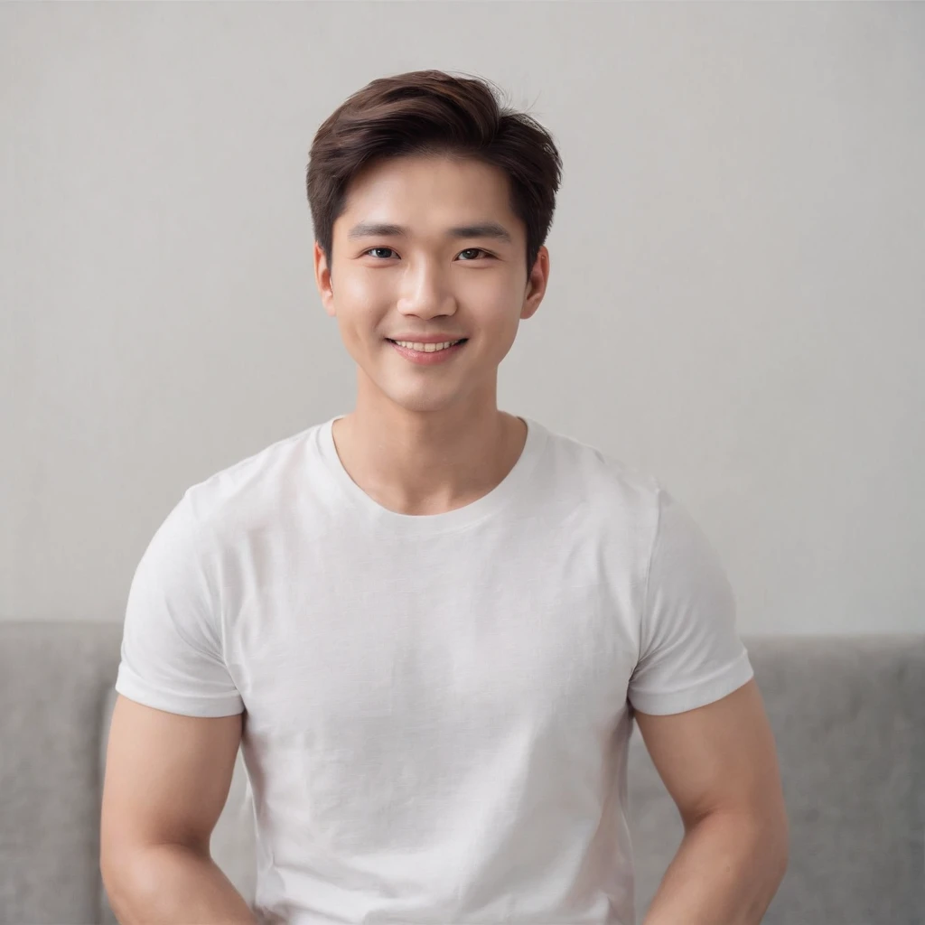 (photo: 1.3) af (realistic: 1.3), East Asian man, soft light, clear face, ((white T-shirt)), cheerful, warm light, ((gray-white gradient background)), smile, (background)). ((gray wall background)) avatar, (short hair), handsome, young,, short hair, ((close-up))