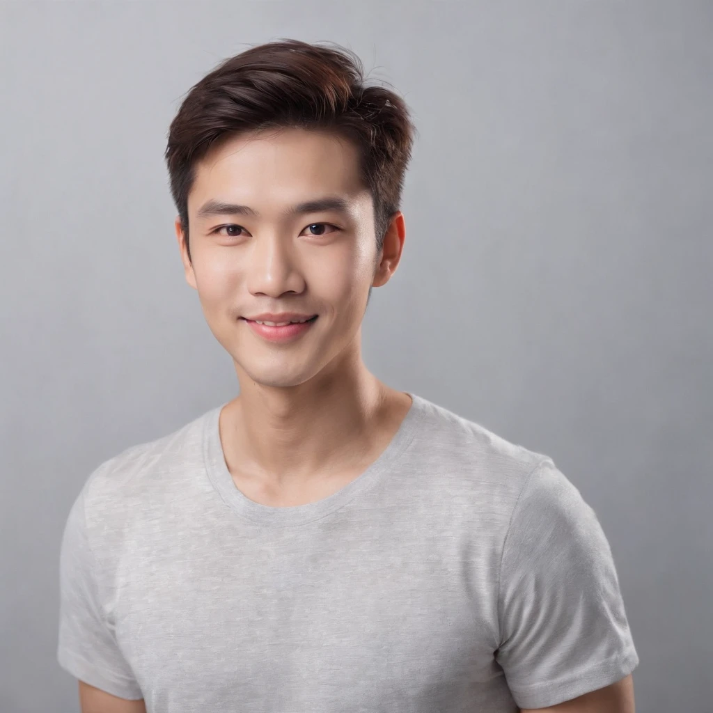(photo: 1.3) af (realistic: 1.3), East Asian man, soft light, clear face, ((white T-shirt)), cheerful, warm light, ((gray-white gradient background)), smile, (background)). ((gray wall background)) avatar, (short hair), handsome, young,, short hair, ((close-up))