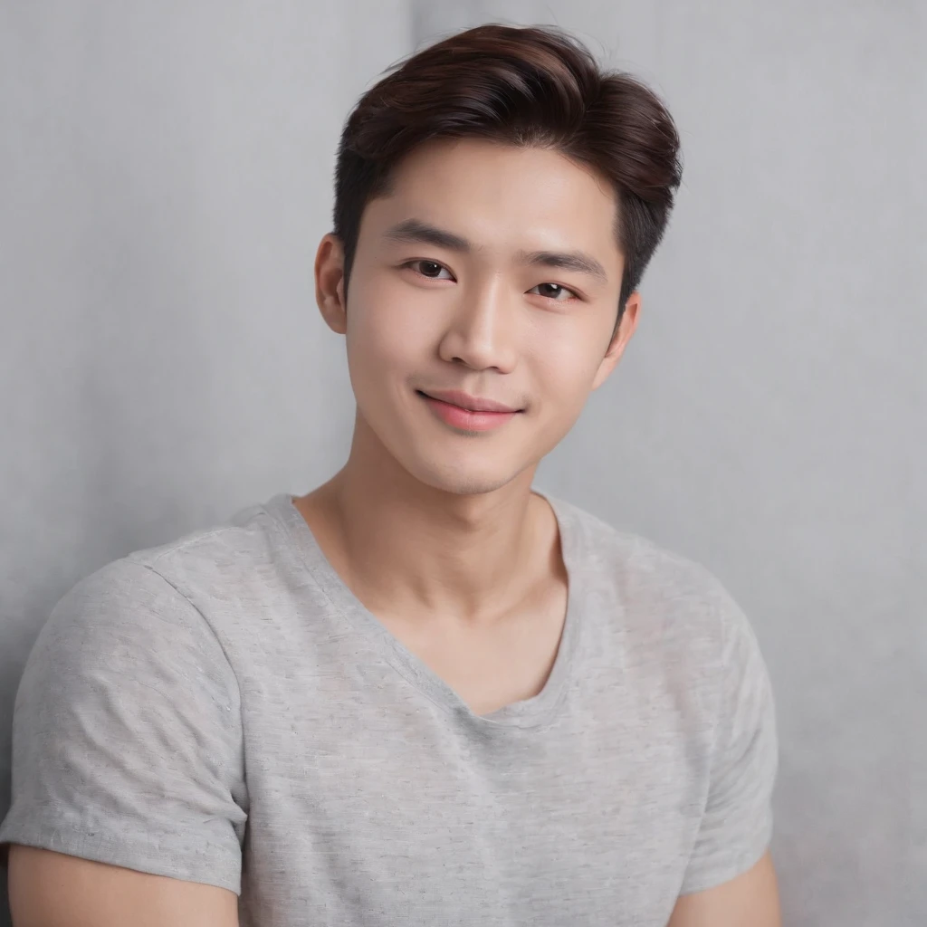 (photo: 1.3) af (realistic: 1.3), East Asian man, soft light, clear face, ((white T-shirt)), cheerful, warm light, ((gray-white gradient background)), smile, (background)). ((gray wall background)) avatar, (short hair), handsome, young,, short hair, ((macro photography))