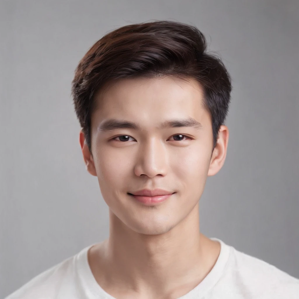 (photo: 1.3) af (realistic: 1.3), East Asian man, soft light, clear face, ((white T-shirt)), cheerful, warm light, ((gray-white gradient background)), smile, (background)). ((gray wall background)) avatar, (short hair), handsome, young,, short hair, ((macro photography))