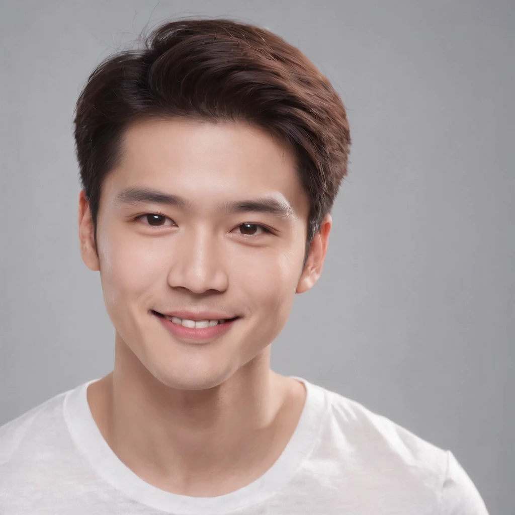 (photo: 1.3) af (realistic: 1.3), East Asian man, soft light, clear face, ((white T-shirt)), cheerful, warm light, ((gray-white gradient background)), smile, (background)). ((gray wall background)) avatar, (short hair), handsome, young,, short hair, ((macro photography))