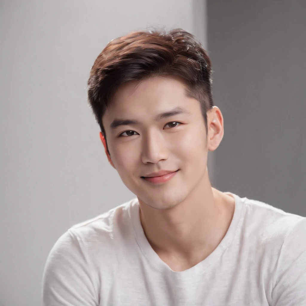 (photo: 1.3) af (realistic: 1.3), East Asian man, soft light, clear face, ((white T-shirt)), cheerful, warm light, ((gray-white gradient background)), smile, (background)). ((gray wall background)) avatar, (short hair), handsome, young,, short hair, ((macro photography))