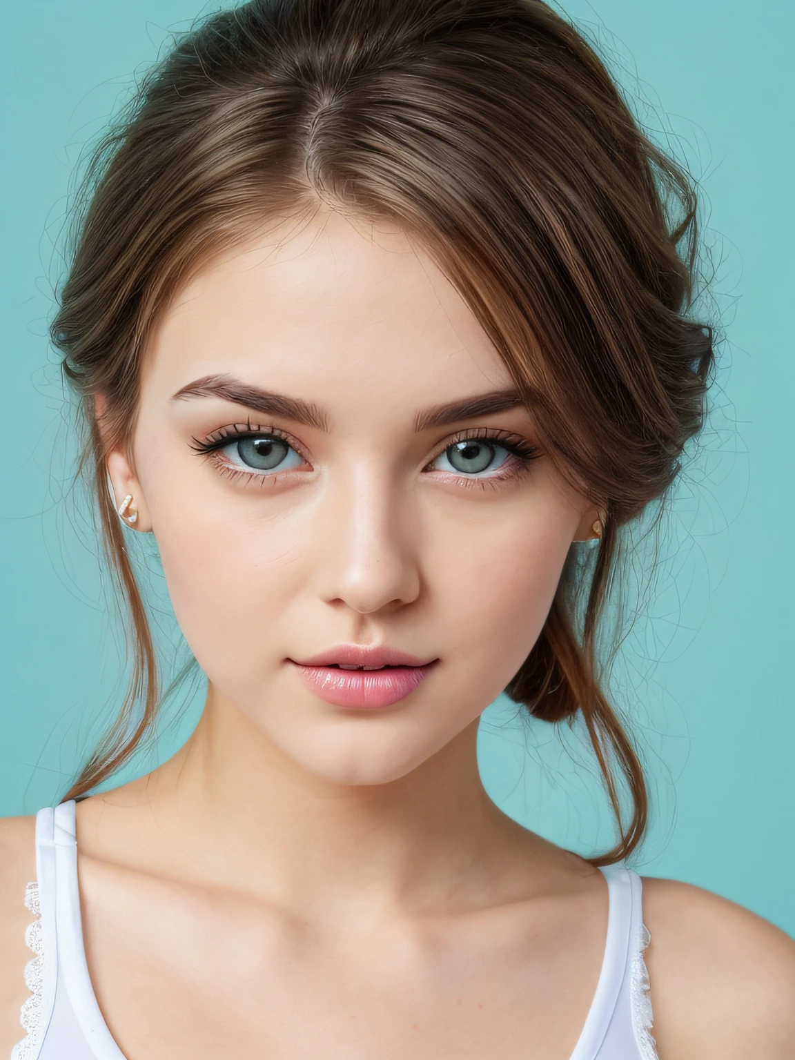 "An ultra-detailed 8k masterpiece best quality and high saturation. The image features a clothing illustration with a stunning thick european girl wearing a tight sheer leggings outfit, including tight open shirt, F cup, white sneakers, and a luxury house background. cowboy shot,  shot, 32 inch breast size, " [BREAK ((cute girl, with oval face and symmetrical face structure, big eyes, Hazal eye color, almond shape eyes, straight and balanced nose, soft wavy (brown hair) ,heart-shaped lips, perfect eyebrows, perfect ears, light pale soft skin, pale white skin, pink natural lips, seductive expressions, vibrant light, ultra cute and sexy girl, 22 years old, cute face))]