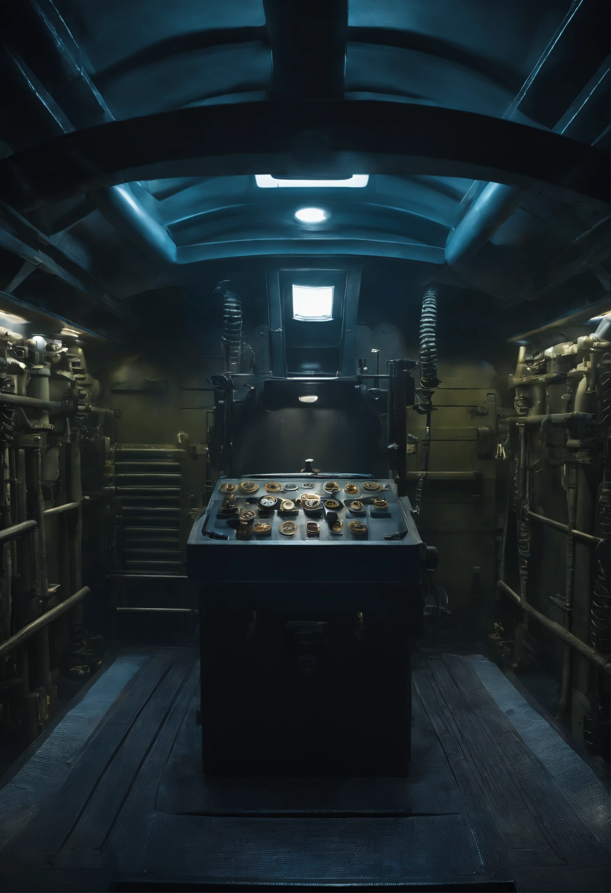 In a submarine, a blue-lit chamber with a periscope pedestal stands prominently. Adjacent to it rests a machine with a square ammunition box and a rail-mounted cannon ammunition rack. The view is from a narrow passage, with no glass panels on the walls. (best quality, highres, ultra-detailed), (realistic:1.37), vivid colors, sharp focus, studio lighting, bokeh. Submarine interior, blue chamber, periscope pedestal, square ammunition box machine, rail-mounted cannon ammunition rack, perspective from a narrow passage, wall without glass.