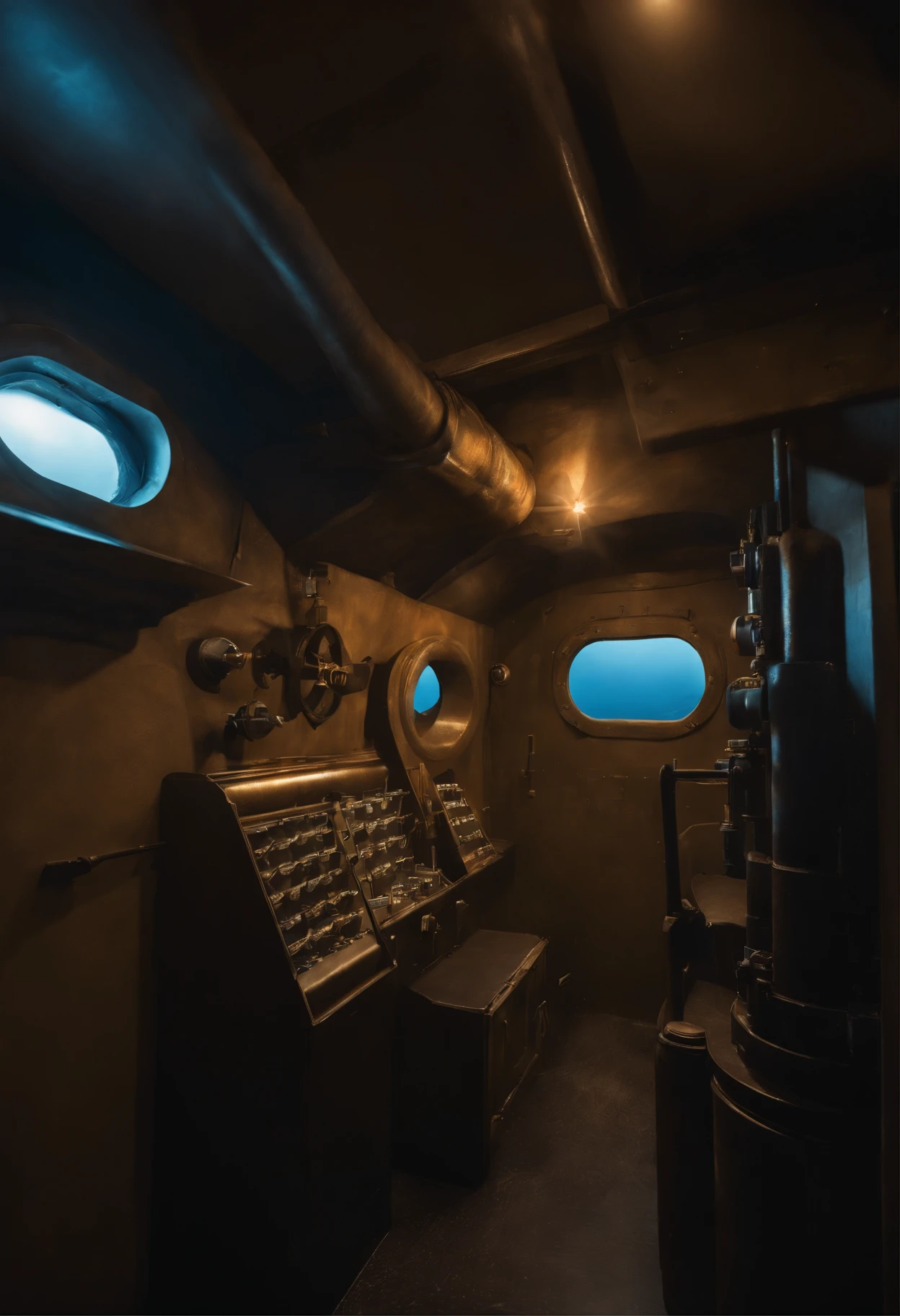 In a submarine, a blue-lit chamber with a periscope pedestal stands prominently. Adjacent to it rests a machine with a square ammunition box and a rail-mounted cannon ammunition rack. The view is from a narrow passage, with no glass panels on the walls. (best quality, highres, ultra-detailed), (realistic:1.37), vivid colors, sharp focus, studio lighting, bokeh. Submarine interior, blue chamber, periscope pedestal, square ammunition box machine, rail-mounted cannon ammunition rack, perspective from a narrow passage, wall without glass.