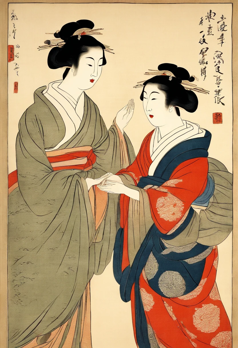 Best Quality, Kitagawa Utamaro's style, ukiyoe painting, Woman playing rock-paper-scissors,