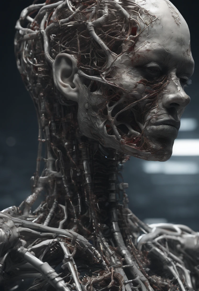 nousr robot, complex 3d render ultra detailed of a beautiful death angel, biomechanical cyborg, analog, 150 mm lens, beautiful natural soft rim light, big leaves and stems, roots, fine foliage lace, colorful details, samourai, Boris Bidjan Saberi outfit, pearl earring, piercing, art nouveau fashion embroidered, intricate details, mesh wire, mandelbrot fractal, anatomical, facial muscles, cable wires, microchip, badass, hyper realistic, ultra detailed, octane render, volumetric lighting, 8k post-production, red and white with a bit of black, detailled metalic bones, semi human, iridescent colors, Glenn Brown style, white room, power of the god, high-angle shot, complex body poses