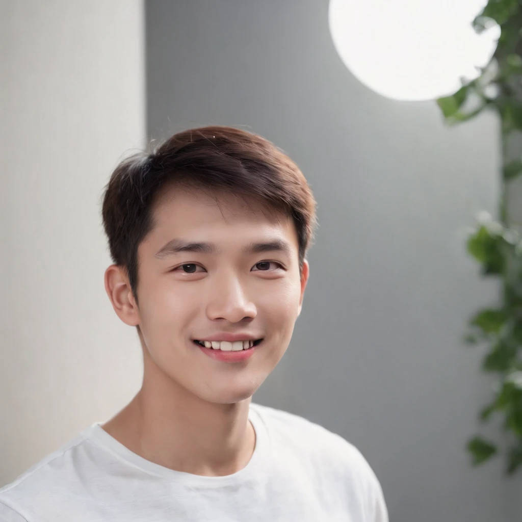 (photo: 1.3) af (realistic: 1.3), East Asian man, soft light, clear face, ((white T-shirt)), cheerful, warm light, ((gray-white gradient background)), smile, (background)). ((gray wall background)) avatar, (short hair), handsome, young,, short hair, ((macro photography))
