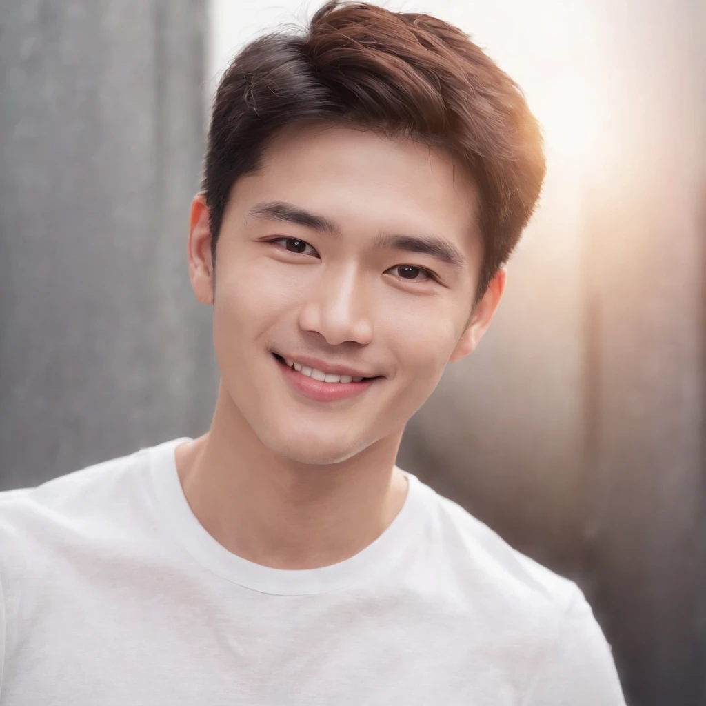 (photo: 1.3) af (realistic: 1.3), East Asian man, soft light, clear face, ((white T-shirt)), cheerful, warm light, ((gray-white gradient background)), smile, (background)). ((gray wall background)) avatar, (short hair), handsome, young,, short hair, ((macro photography))