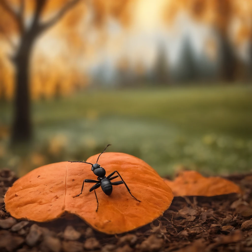 An ant lying on a Halloween pumpkin，in a panoramic view，（tmasterpiece，best qualityer：1.2），very delicate beautiful，the best lights，The best shadow，depicted as a 3 d render, stylized as a 3d render, stylized 3d render，Beautiful scenery, Autumn, Red maples fly, Bird long shot tracking photography