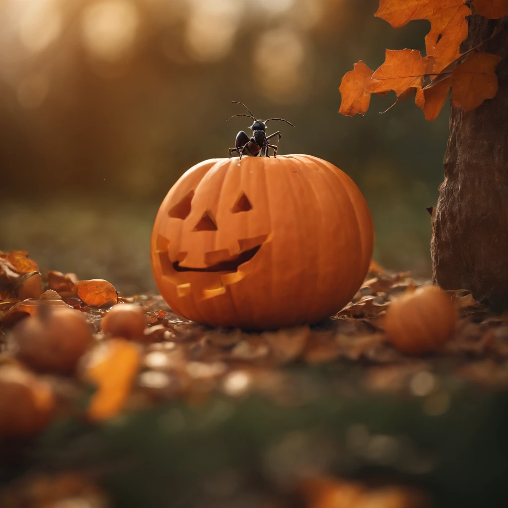 An ant lying on a Halloween pumpkin，in a panoramic view，（tmasterpiece，best qualityer：1.2），very delicate beautiful，the best lights，The best shadow，depicted as a 3 d render, stylized as a 3d render, stylized 3d render，Beautiful scenery, Autumn, Red maples fly, Bird long shot tracking photography