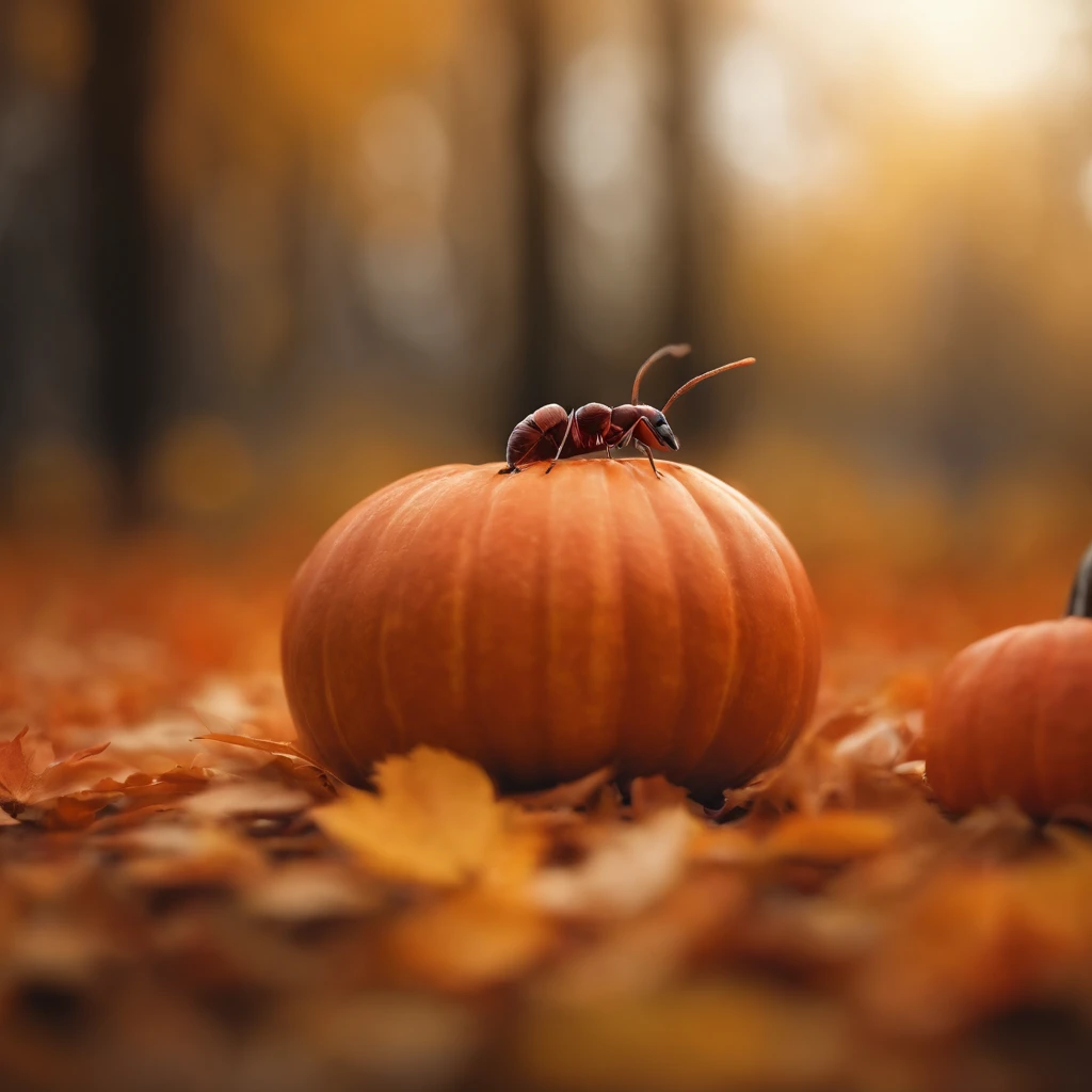An ant lying on a Halloween pumpkin，in a panoramic view，（tmasterpiece，best qualityer：1.2），very delicate beautiful，the best lights，The best shadow，depicted as a 3 d render, stylized as a 3d render, stylized 3d render，Beautiful scenery, Autumn, Red maples fly, Bird long shot tracking photography