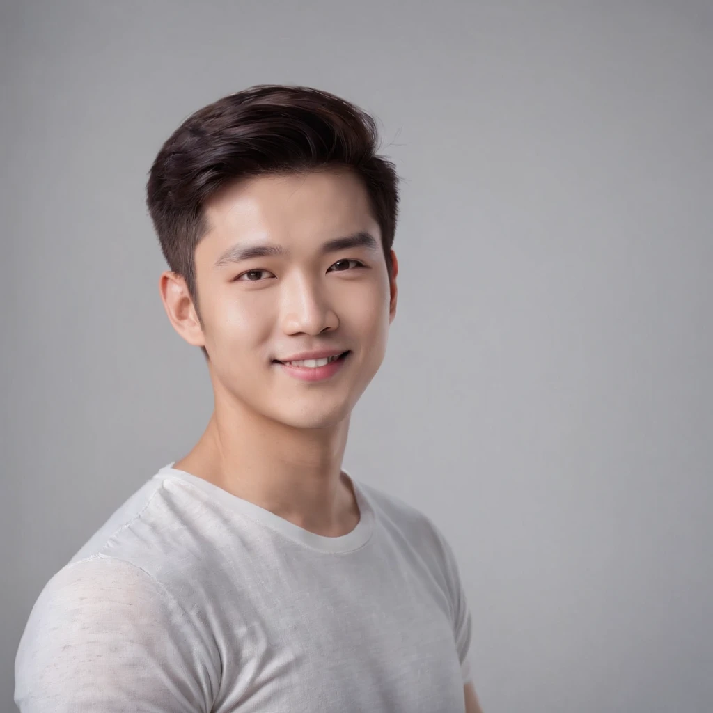 (photo: 1.3) af (realistic: 1.3), East Asian man, soft light, clear face, ((white T-shirt)), cheerful, warm light, ((gray-white gradient background)), smile, (background)). ((gray wall background)) avatar, (short hair), handsome, young,, short hair, ((macro photography))